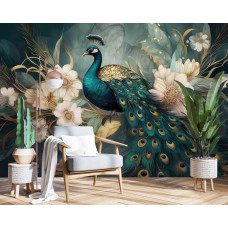 Fototapete mit einem Pfau und luxuriösen Blumen in einem Hotel oder Büro, wo das elegante Design für eine exklusive und professionelle Ausstrahlung sorgt.