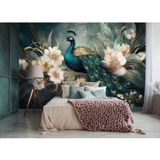 Fototapete mit einem Pfau und luxuriösen Blumen in einem Schlafzimmer, das durch die Kombination aus tiefen Farben und sanften Blumentönen eine beruhigende Atmosphäre ausstrahlt.