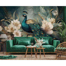 Fototapete mit einem Pfau und luxuriösen Blumen in einem Wohnzimmer, wobei das stilvolle Design perfekt zu einer eleganten Einrichtung passt.