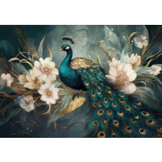 Fototapete mit einem majestätischen Pfau zwischen weißen Blumen und goldenen Blättern auf tiefgrünem Hintergrund.