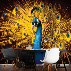 Eine Fototapete von einem Pfau mit orangen Akzenten in einem Büro.