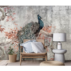 Eine Fototapete mit einem Pfau auf Beton im Malstil, ein industrieller Vogel im Wohnraum.