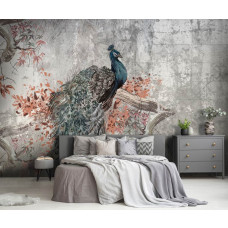 Eine Fototapete mit einem Pfau auf Beton im Malstil, ein industrieller Vogel im Schlafzimmer.