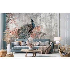 Eine Fototapete mit einem Pfau auf Beton im Malstil, ein industrieller Vogel im Wohnzimmer.