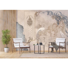 Eine Fototapete mit Pfauen im Rokokostil mit Barockkunst in einem Geschäftsraum.