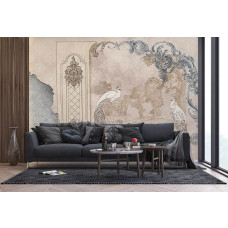 Eine Fototapete mit Pfauen im Rokokostil mit Barockkunst in einem Wohnzimmer.