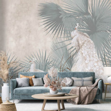 Eine Fototapete von Pfauen in einer tropischen Oase mit Dschungelpflanzen in einem Wohnzimmer mit Airtex.