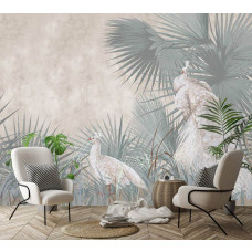 Eine Fototapete von Pfauen in einer tropischen Oase mit Dschungelpflanzen in einem Geschäftszimmer.