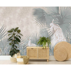 Eine Fototapete von Pfauen in einer tropischen Oase mit Dschungelpflanzen in einem Schlafzimmer.