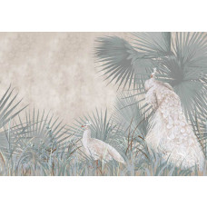 Eine Fototapete von Pfauen in einer tropischen Oase mit Dschungelpflanzen.