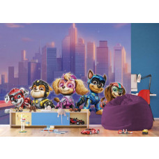 Ein Fototapete mit Paw Patrol Actionhelden im Jungenzimmer, bei dem die dynamischen Posen der Welpen und die kräftigen Farben einen coolen und kraftvollen Effekt erzeugen.