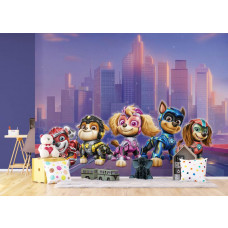 Ein Fototapete mit Paw Patrol Actionhelden im Kinderzimmer, bei dem die coolen Welpen in ihrer Rettungsausrüstung eine abenteuerliche und energiegeladene Atmosphäre schaffen.