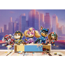 Ein Fototapete mit Paw Patrol Actionhelden im Kinderzimmer, bei dem die fröhlichen und heldenhaften Welpen ein inspirierendes und verspieltes Dekor bilden.