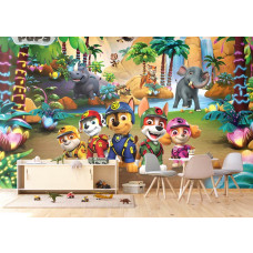 Ein Fototapete mit Paw Patrol Dschungel im Kinderzimmer, bei dem die mutigen Welpen in einer Dschungellandschaft eine abenteuerliche und verspielte Atmosphäre erzeugen.