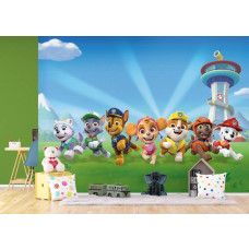 Eine Fototapete mit Paw Patrol Rescue im Kinderzimmer, wo die heldenhaften Welpen in Aktion eine energiegeladene und abenteuerliche Atmosphäre schaffen.