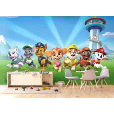 Eine Fototapete mit Paw Patrol Rescue im Spielzimmer, wo die mutigen Welpen und ihre Rettungsfahrzeuge eine spielerische und aufregende Umgebung schaffen.