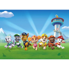 Eine Fototapete mit Paw Patrol Rescue, auf der Chase, Marshall, Skye und ihre Freunde in einem farbenfrohen und dynamischen Design zu einer aufregenden Rettungsmission bereit sind.