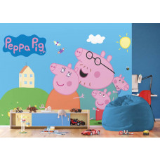 Ein Fototapete mit Peppa Pig im Kinderzimmer, bei dem die bekannten Figuren und verspielten Hintergründe eine gemütliche und kinderfreundliche Atmosphäre schaffen.
