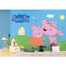 Ein Fototapete mit Peppa Pig im Kinderzimmer, bei dem die fröhlichen Farben und niedlichen Charaktere eine verspielte und lebendige Atmosphäre erzeugen.