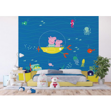 Eine Kinderzimmer-Fototapete mit Peppa Pig und George, die in ihrem U-Boot tief unter Wasser segeln, umgeben von bunten Fischen und Meeresbewohnern.
