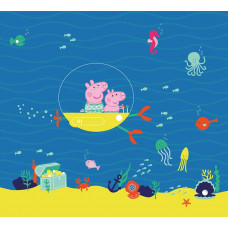 Fototapete mit Peppa Pig und George, die in ihrem U-Boot tief unter Wasser segeln, umgeben von bunten Fischen und Meeresbewohnern.