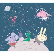 Peppa Pig und ihre Freunde, einschließlich George, in Raumanzügen schweben zwischen Sternen und Planeten in einem bunten Fototapete.