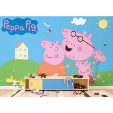 Ein Fototapete mit Peppa Pig im Babyzimmer, bei dem die sanften Farben und lieben Illustrationen eine ruhige und fröhliche Ausstrahlung schaffen.