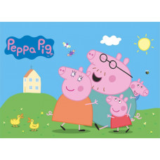 Ein Fototapete mit Peppa Pig, bei dem Peppa, George, Papa und Mama Pig fröhlich in einer bunten Umgebung voller verspielter Details spielen.