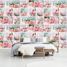 Eine Fototapete mit rosa Blumen und einer liebevollen Atmosphäre, geeignet für Wohnzimmer.