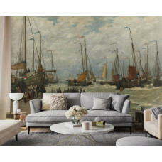 Ein Wohnzimmer mit einer Fototapete Pinken in der Brandung mit einem Gemälde von Hendrik Willem Mesdag