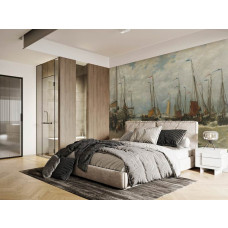 Fischerboote am Strand von Scheveningen, Anker im Sand und Frauen, die frischen Fisch handeln.