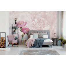 Fototapete mit rosa Pfingstrose und Rosen in einem abstrakten Design, stilvoll und elegant für Wohnzimmer oder Schlafzimmer.