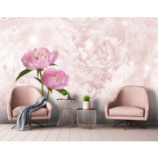 Eine Fototapete mit rosa Pfingstrose und Rosen in einem abstrakten, kunstvollen Design, perfekt für ein stilvolles Wohnzimmer.