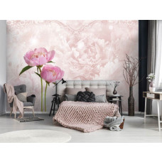 Eine Fototapete mit rosa Pfingstrose und Rosen, ideal für ein ruhiges Schlafzimmer.