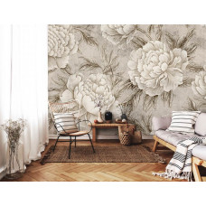 Fototapete mit Pfingstrosen im japanischen Stil als Vliestapete für ein Wohnzimmer.