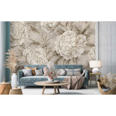 Fototapete mit Pfingstrosen im japanischen Stil für ein elegantes Wohnzimmer.