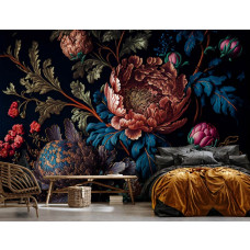 Eine Fototapete mit einem Kunstgemälde von Pfingstrosen und Blumen in einem Schlafzimmer.