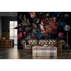 Eine Fototapete mit einem Kunstgemälde von Pfingstrosen und Blumen im Wohnzimmer.