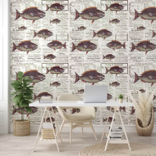 Eine Fototapete mit Piranhas und Fischen in einer dynamischen Komposition, geeignet für ein Büro.