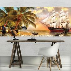 Piraten-Fototapete mit Insel, Schiff und verstecktem Schatz, bunt und spannend für ein Kinderzimmer.