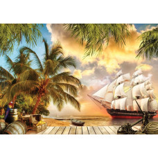 Fototapete einer Pirateninsel mit Schiff, Schatzkarte und verstecktem Piratenschatz, ideal für einen abenteuerlichen Look.