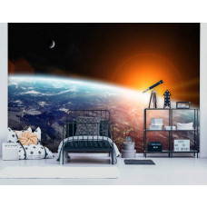 Eine Fototapete mit einem schönen Bild der Erde aus dem Weltraum gesehen, perfekt für ein Kinderzimmer.