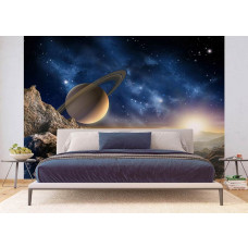 Ein Fototapet von einem Planeten und Sternen im Weltraum, dem Universum mit Jupiter in einem Schlafzimmer.