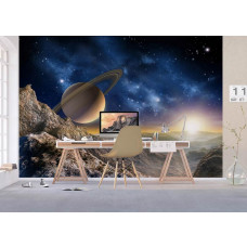 Ein Fototapet von einem Planeten und Sternen im Weltraum, dem Universum mit Jupiter in einem Büro mit Vliesbehang.