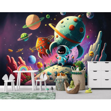 Eine Fototapete mit Planeten und Raketen im Universum in einem Spielzimmer.
