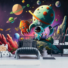 Eine Fototapete mit Planeten und Raketen im Universum mit einem Weltraumthema in einem Kinderzimmer.