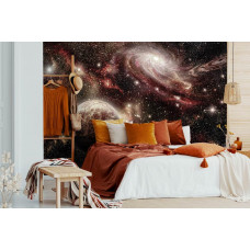Eine Fototapete mit einer bunten Galaxie voller Planeten, ideal für ein Schlafzimmer.