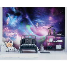 Eine Fototapete mit Planeten und Sternen in einem Galaxie-Thema, besonders für ein Kinderzimmer.