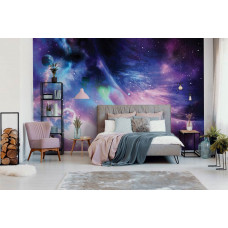 Eine Fototapete mit einem futuristischen Sternendesign im Universum, ideal für ein Schlafzimmer.