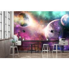 Eine Fototapete mit einem futuristischen Weltraumthema, perfekt für ein Spielzimmer.